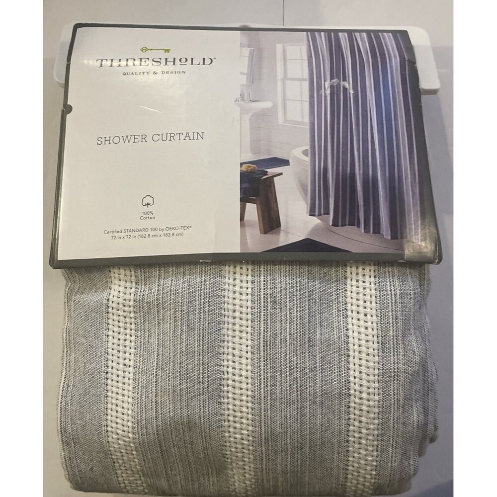 New Threshold Seersucker Waffle Shower Curtain 100% Cotton - Blue Strips (72x72)
